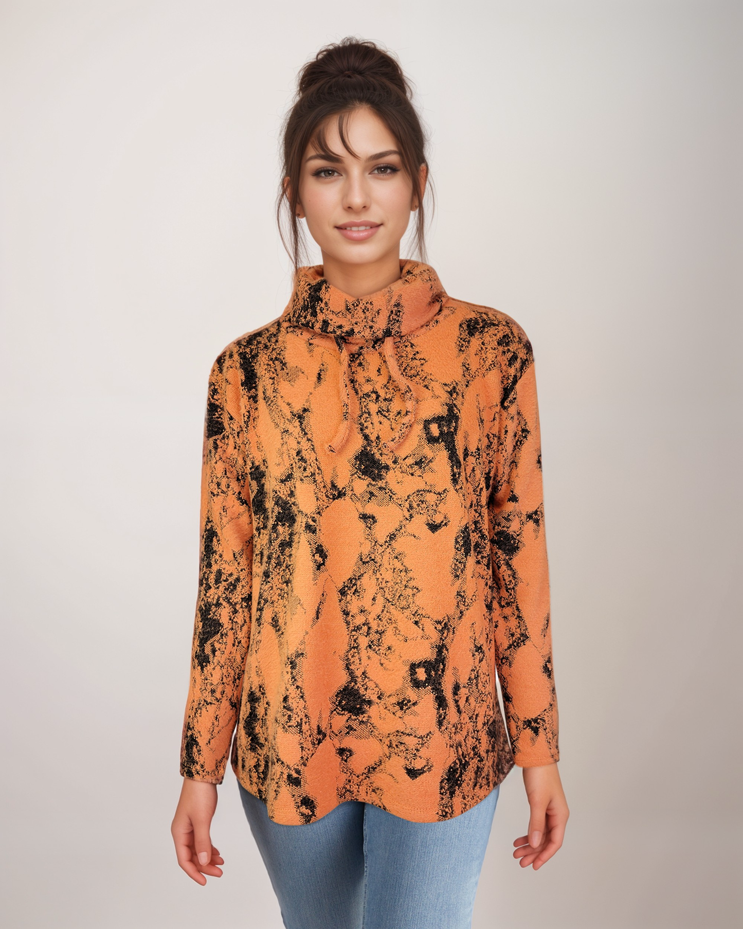 Cowl Neck Drawstring Jacquard Sweater-like Top - (D27080)