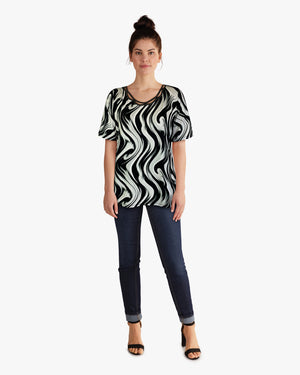 Short Sleeve Knit Printed Top with Neck stitching detail (D27749) Black Swirl