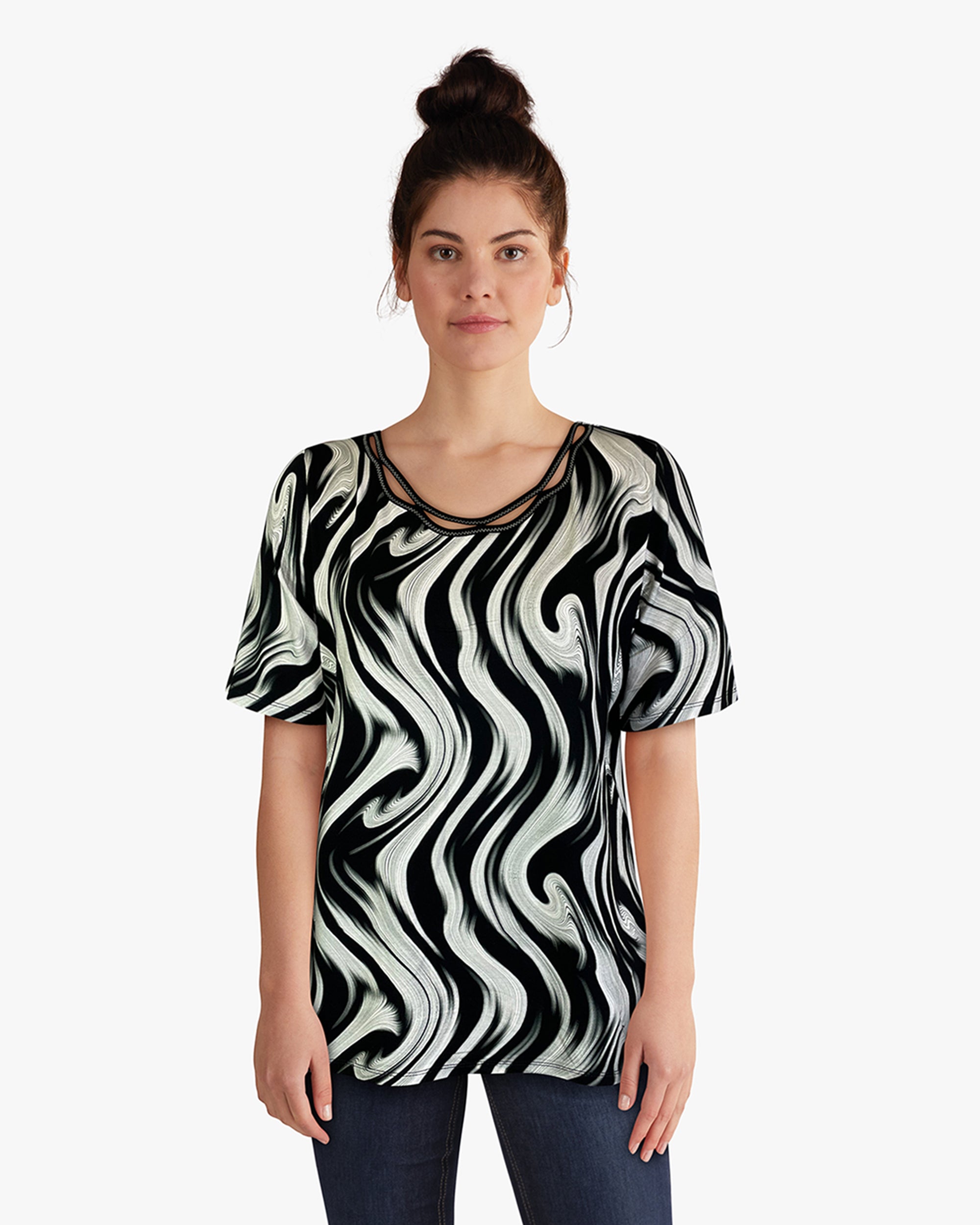 Knit Printed Top with Neck stitching detail (D27749) Black Swirl