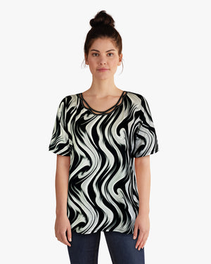 Short Sleeve Knit Printed Top with Neck stitching detail (D27749) Black Swirl