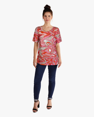 Short Sleeve Knit Printed Top with Neck stitching detail (D27749) Pink Swirl