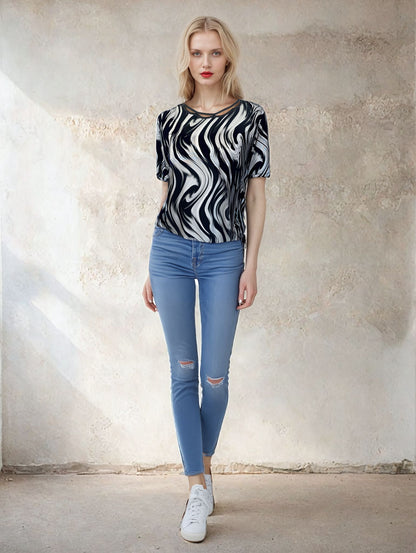 Short Sleeve Knit Printed Top with Neck stitching detail (D27749) Black Swirl