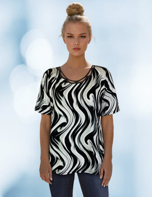 Short Sleeve Knit Printed Top with Neck stitching detail (D27749) Black Swirl