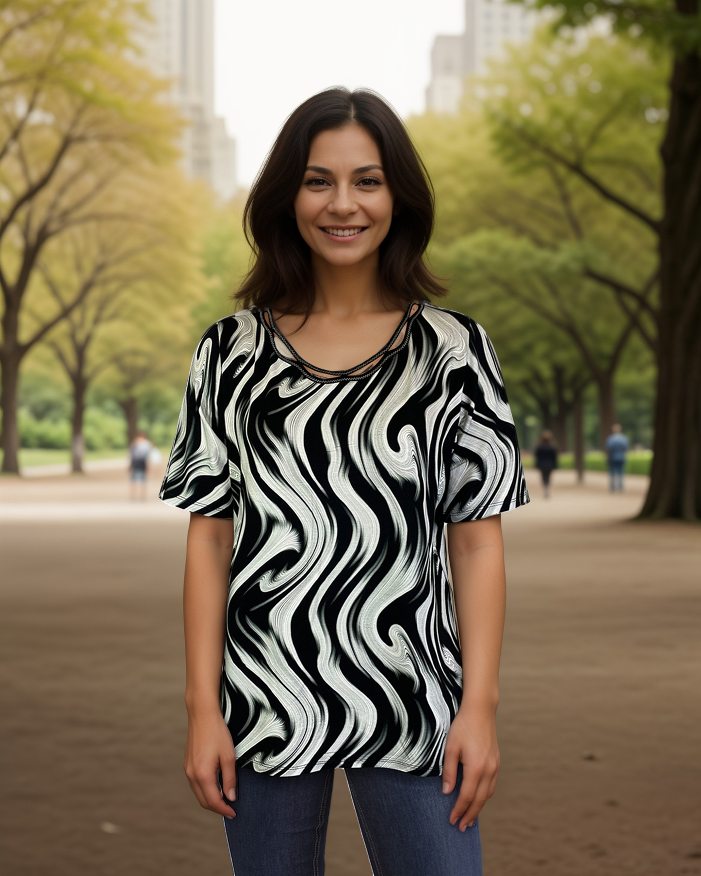 Short Sleeve Knit Printed Top with Neck stitching detail (D27749) Black Swirl