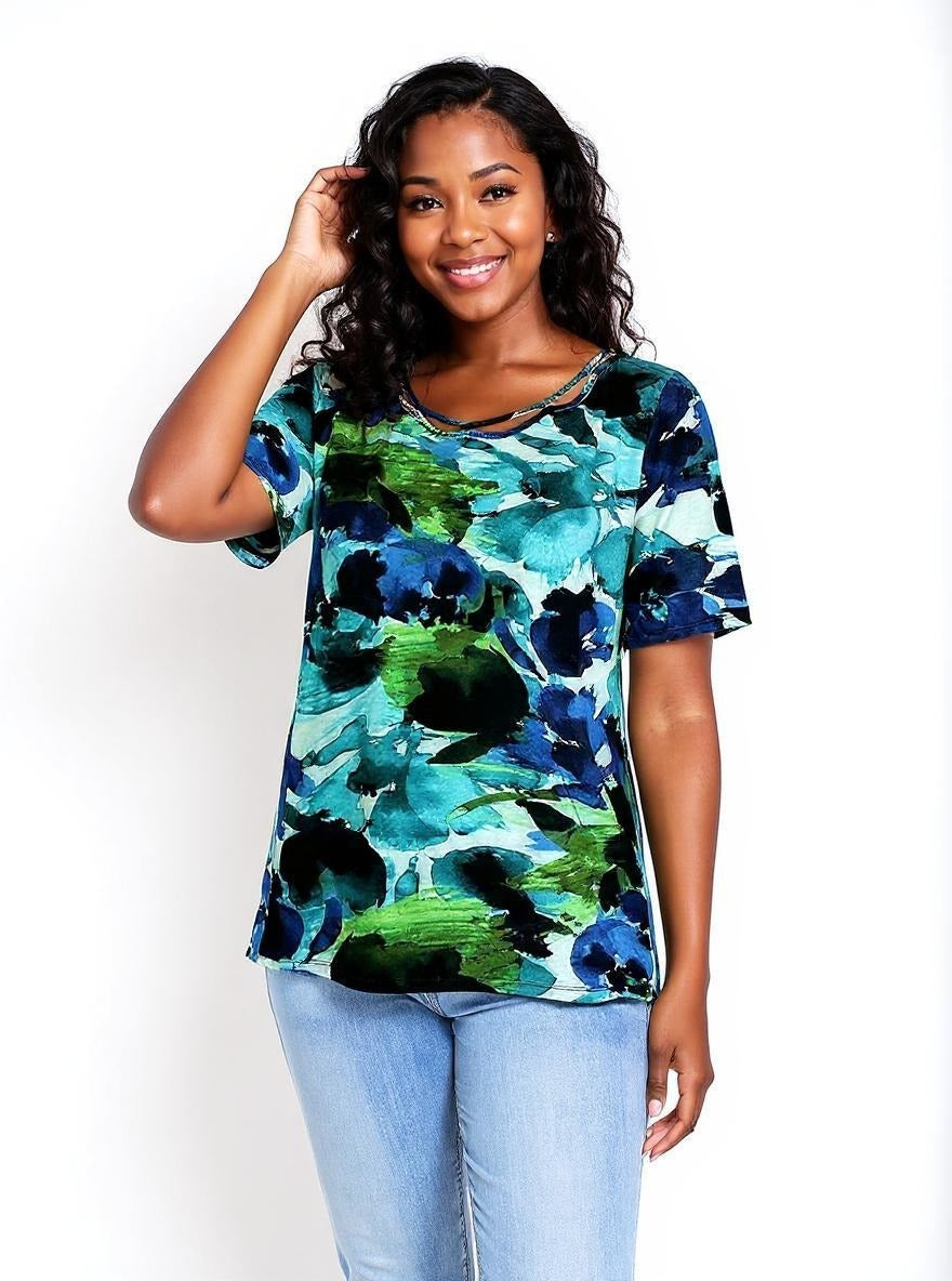 Short Sleeve Knit Printed Top with Neck stitching detail (D27749) Blue and Green Flowers