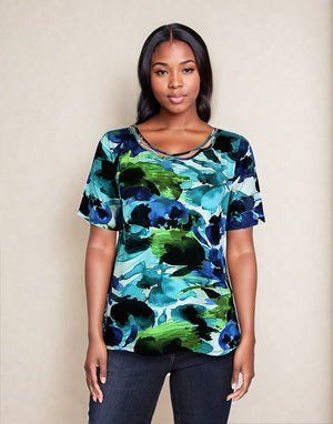 Short Sleeve Knit Printed Top with Neck stitching detail (D27749) Blue and Green Flowers