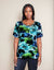 Short Sleeve Knit Printed Top with Neck stitching detail (D27749) Blue and Green Flowers