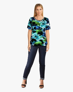 Short Sleeve Knit Printed Top with Neck stitching detail (D27749) Blue and Green Flowers