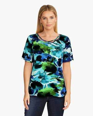 Short Sleeve Knit Printed Top with Neck stitching detail (D27749) Blue and Green Flowers