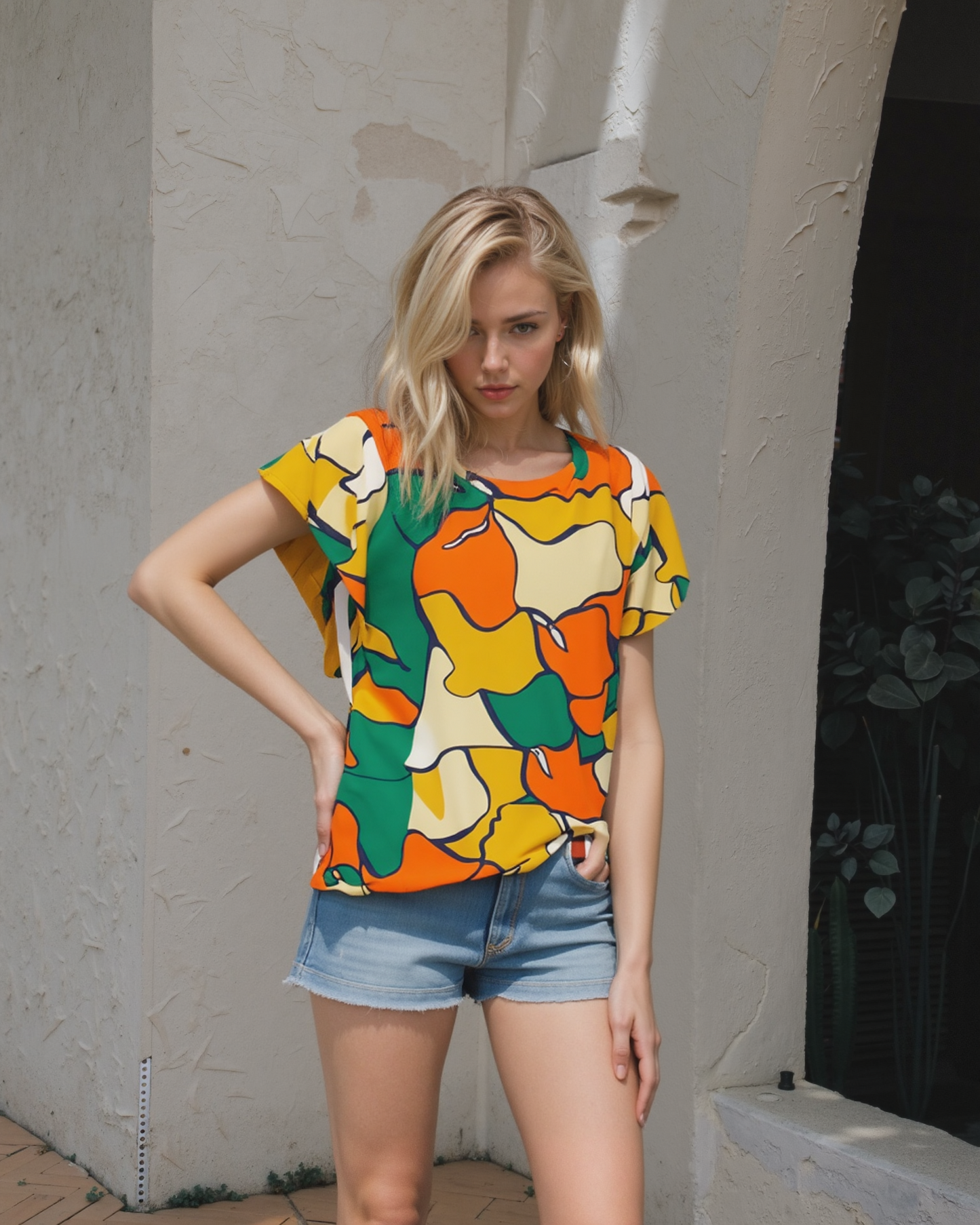 Print Woven Top w Flutter Sleeve Orange Print (D27833R) S/S