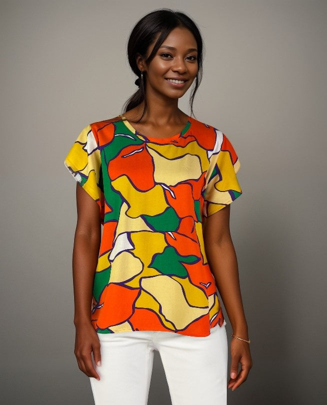 Print Woven Top w Flutter Sleeve Orange Print (D27833R) S/S