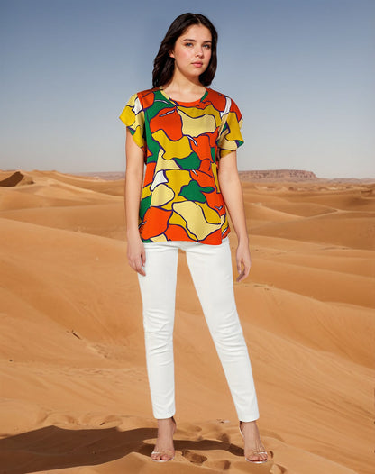Print Woven Top w Flutter Sleeve Orange Print (D27833R) S/S