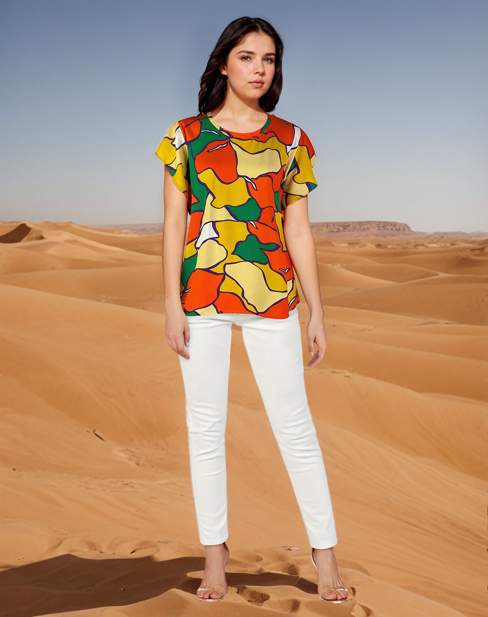 Print Woven Top w Flutter Sleeve Orange Print (D27833R) S/S