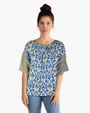 Twin Print Woven Raglan Sleeve Blouse (D27836) Bodrum Blue