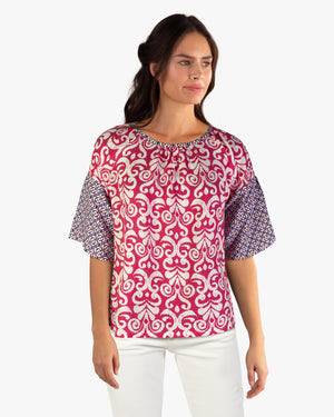 Twin Print Woven Raglan Sleeve Blouse (D27836) Pink Shell