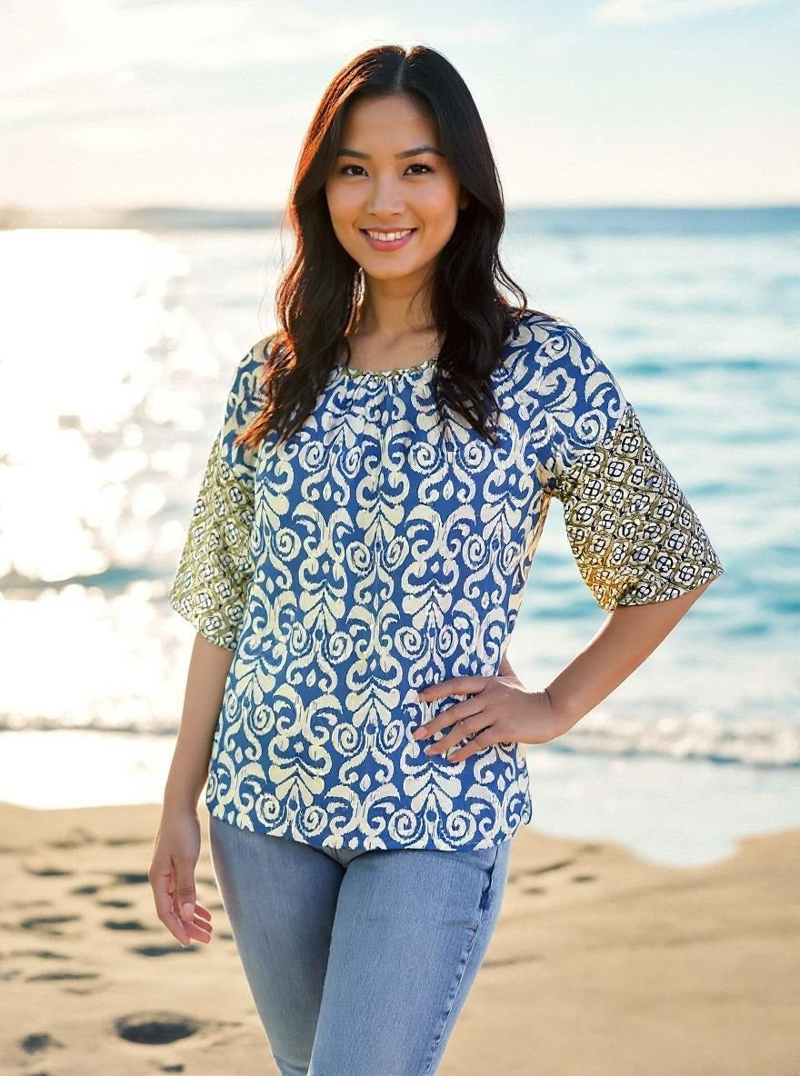 Twin Print Woven Raglan Sleeve Blouse (D27836) Bodrum Blue