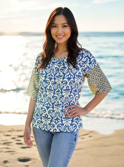 Twin Print Woven Raglan Sleeve Blouse (D27836) Bodrum Blue