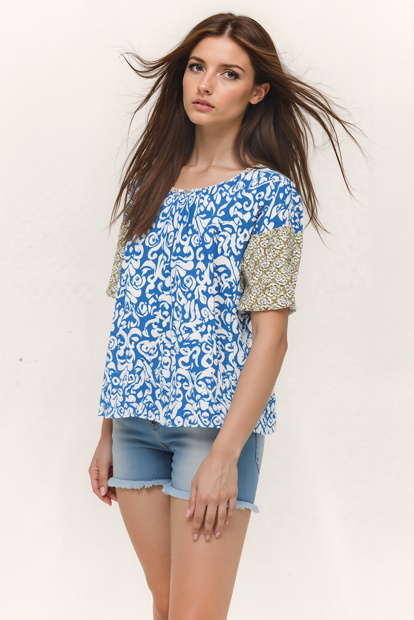 Twin Print Woven Raglan Sleeve Blouse (D27836) Bodrum Blue