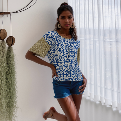 Twin Print Woven Raglan Sleeve Blouse (D27836) Bodrum Blue