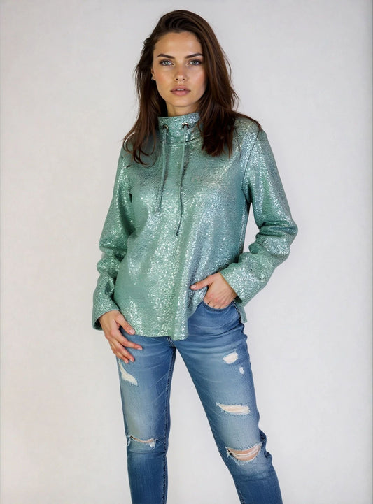 Cowl Neck Shine Print Sweater-like Top -- D27901 Seafoam