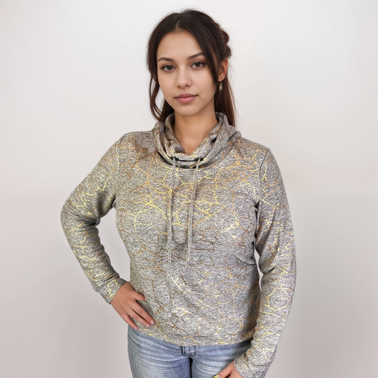 Cowl Neck Shine Print Sweater-like Top -- D27901 Dk Grey Mélange
