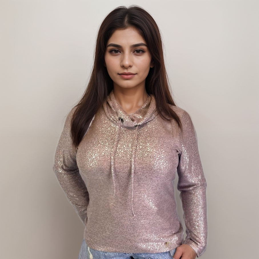 Cowl Neck Shine Print Sweater-like Top -- D27901 Pambe