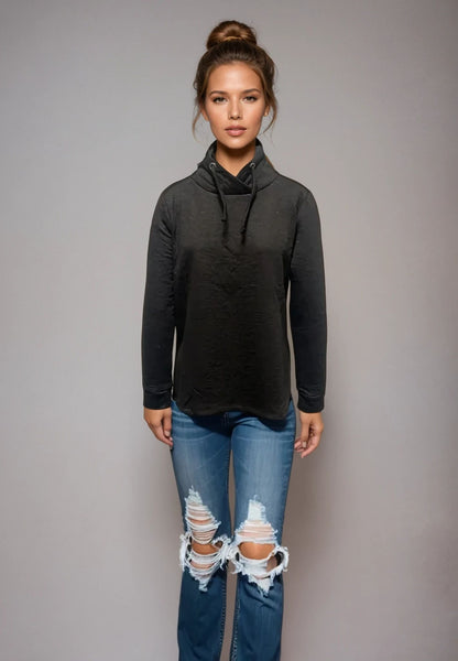 Quilted L/S High Collar Top -- D28367 Black