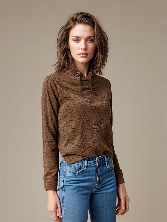 Quilted L/S High Collar Top -- D28367 Walnut