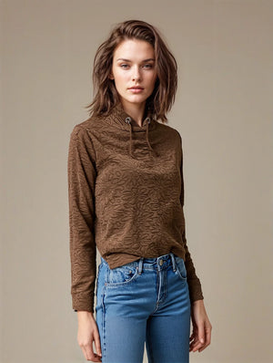Quilted L/S High Collar Top -- D28367 Walnut