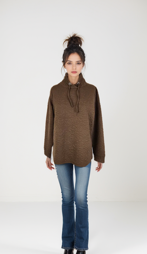 Quilted L/S High Collar Top -- D28367 Walnut