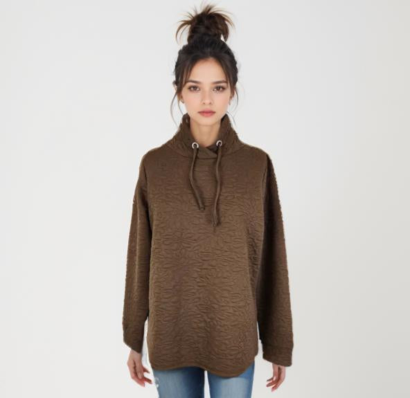 Quilted L/S High Collar Top -- D28367 Walnut