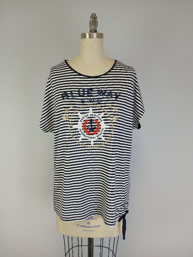 Embroidered Top w extended shoulder -- Navy White S/S (D28663A)