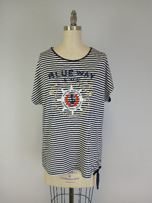 Embroidered Top w extended shoulder -- Navy White S/S (D28663A)