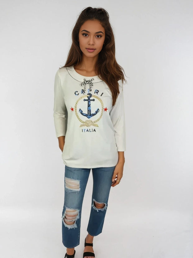 Embroidered Top Long Sleeve and Scoop Neckline -- Whisper White (D28664)