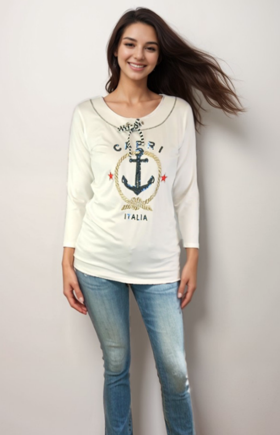 Embroidered Top Long Sleeve and Scoop Neckline -- Whisper White (D28664)