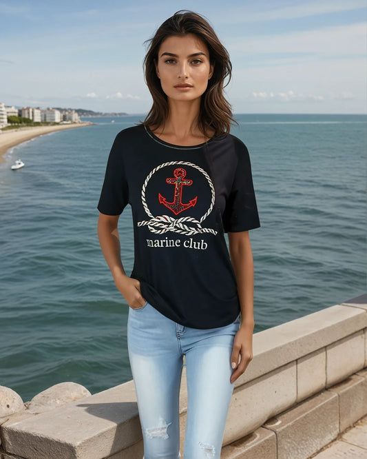 Embroidered Top w Marine Club Logo -- Navy S/S (D28697C)