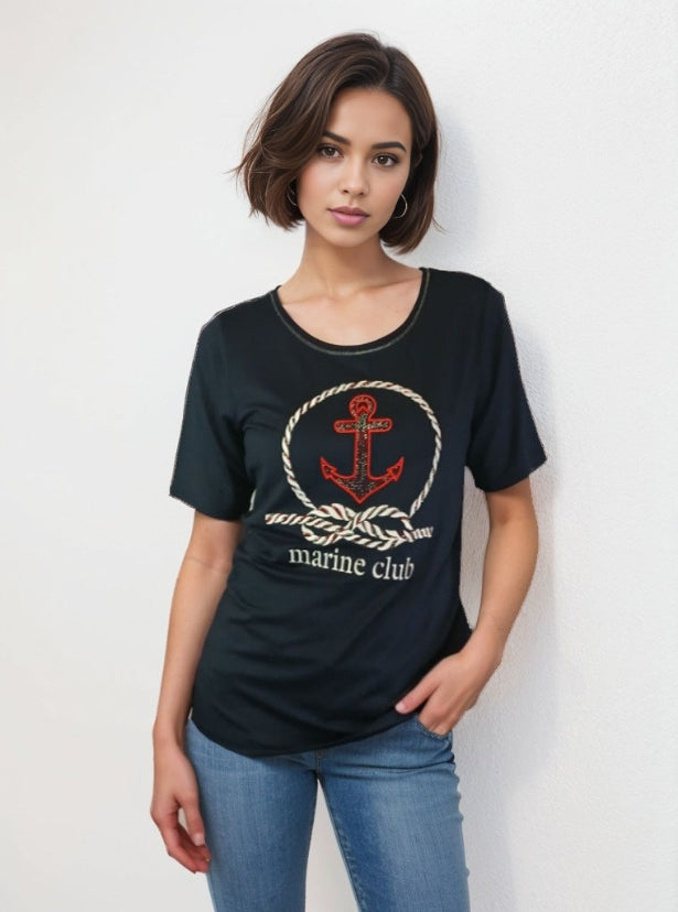 Embroidered Top w Marine Club Logo -- Navy S/S (D28697C)