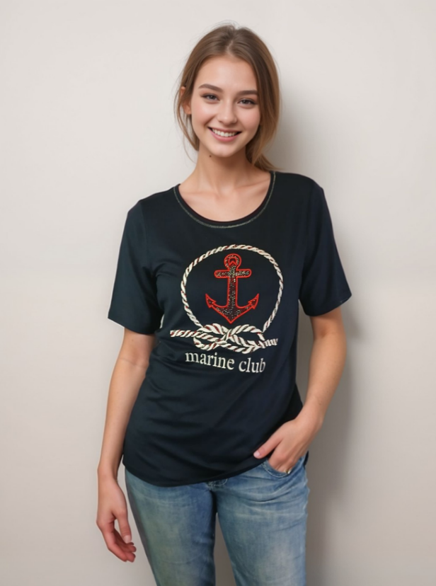 Embroidered Top w Marine Club Logo -- Navy S/S (D28697C)