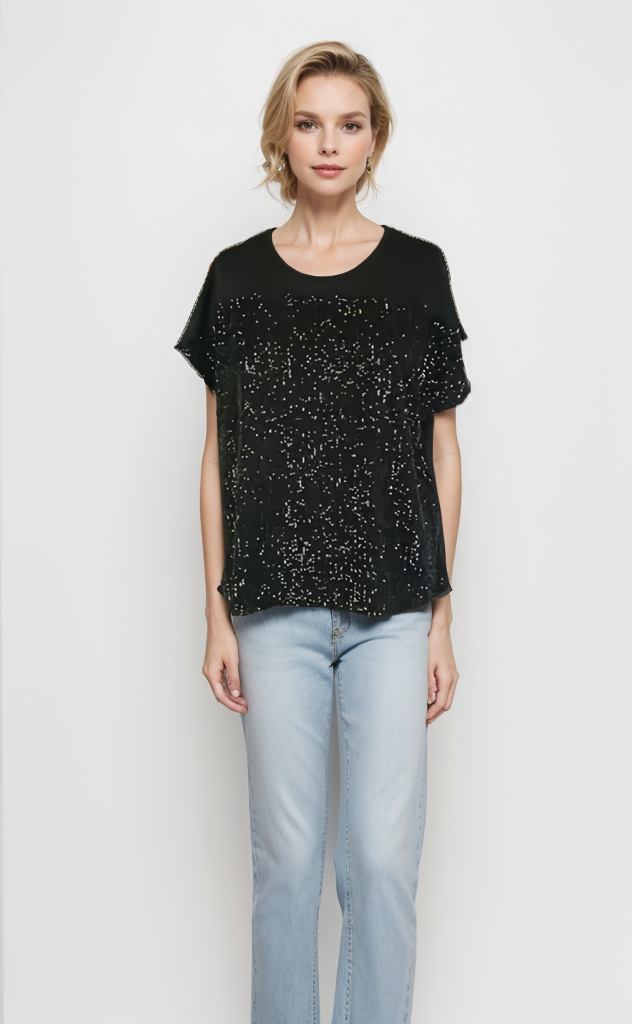 Top with Sequin Fabric Front Overlay D28739 Black