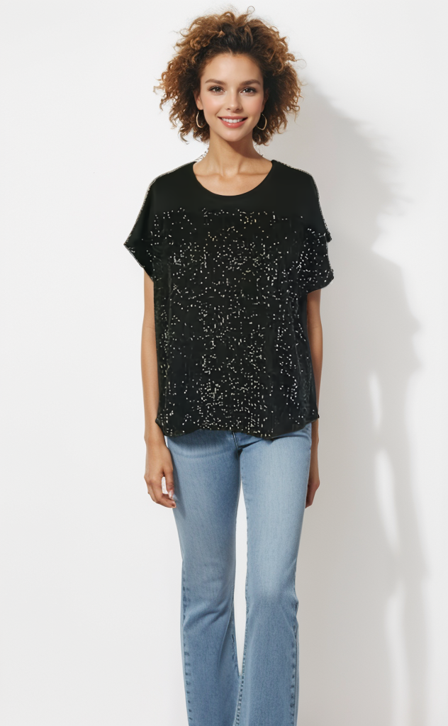 Top with Sequin Fabric Front Overlay D28739 Black