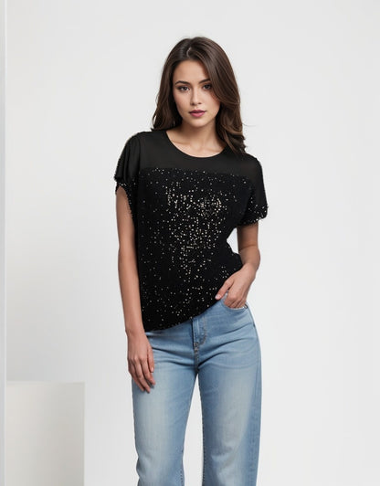 Top with Sequin Fabric Front Overlay D28739 Black