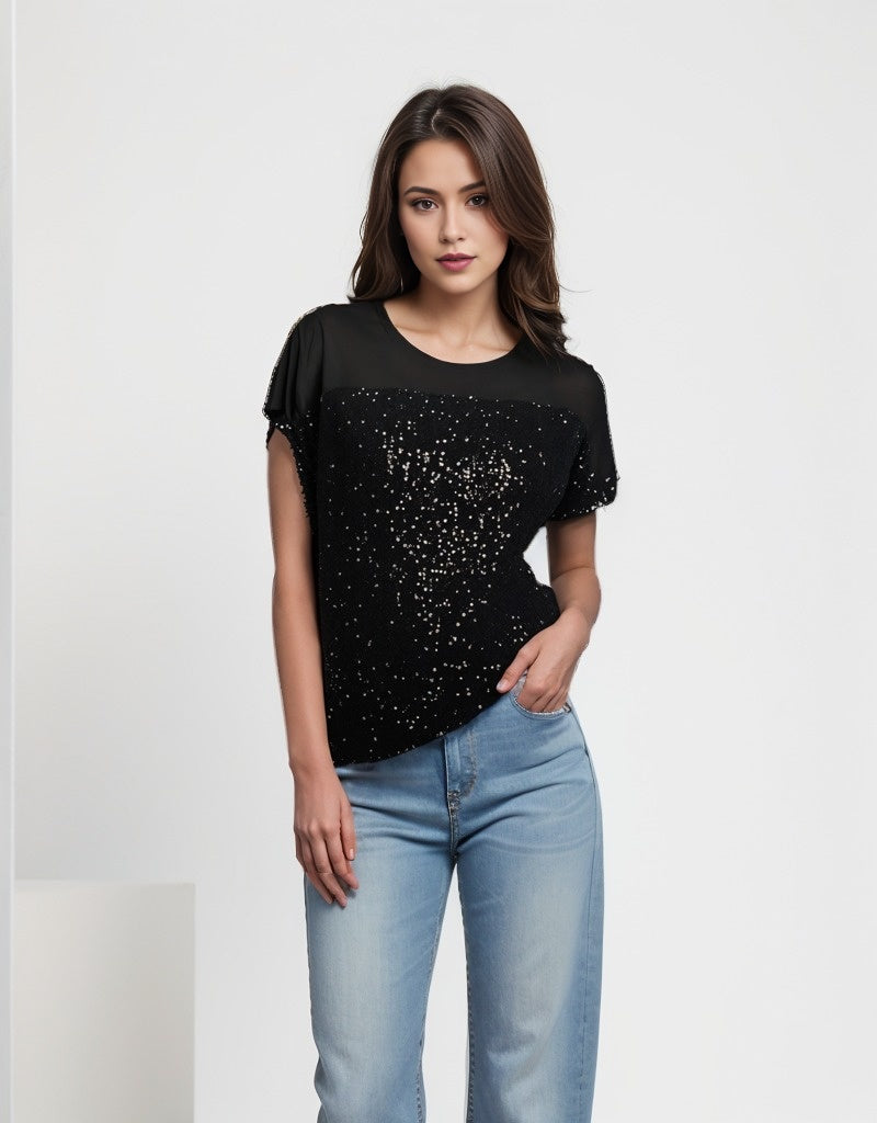 Top with Sequin Fabric Front Overlay D28739 Black