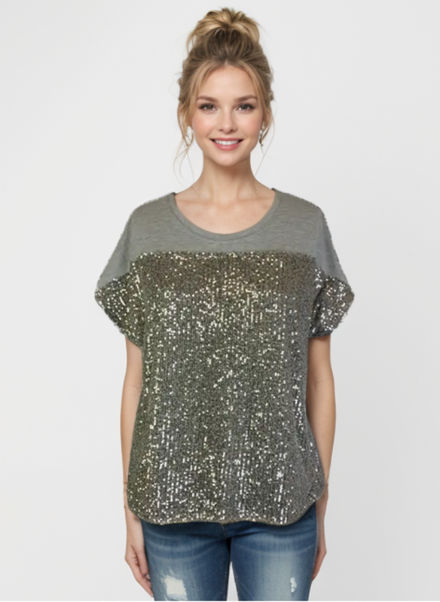 Top with Sequin Fabric Front Overlay S/S D28739 Grey