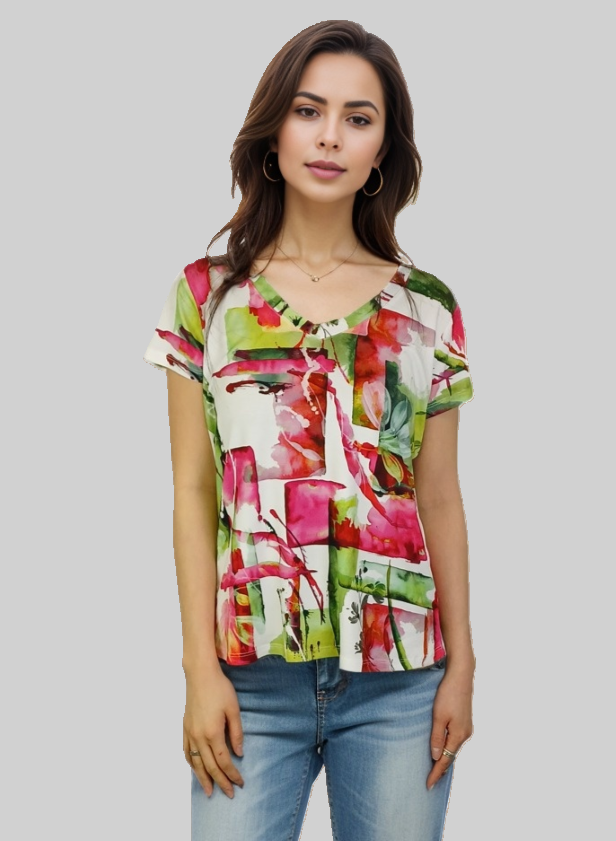 Printed Knit Top -- Pink Floral Design S/S (D28808)