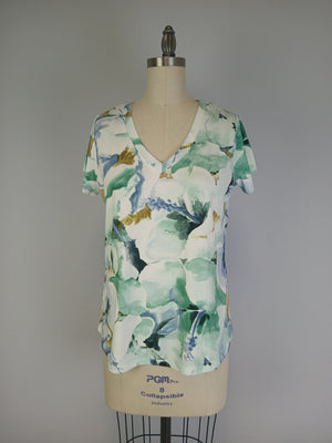 Printed Knit Top -- Blue Green Floral Design S/S (D28808)