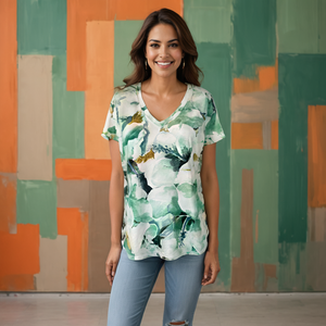 Printed Knit Top -- Blue Green Floral Design S/S (D28808)