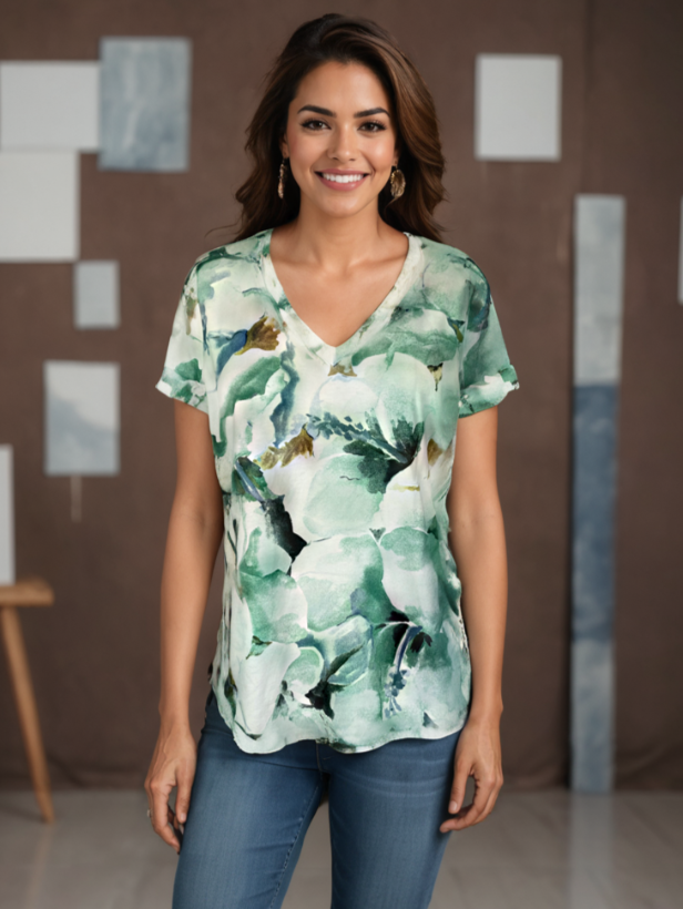 Printed Knit Top -- Blue Green Floral Design S/S (D28808)
