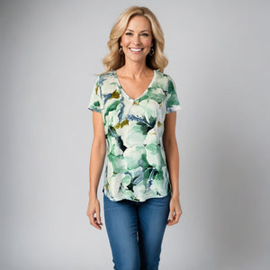Printed Knit Top -- Blue Green Floral Design S/S (D28808)