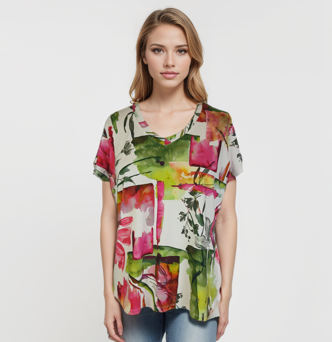 Printed Knit Top -- Pink Floral Design S/S (D28808)