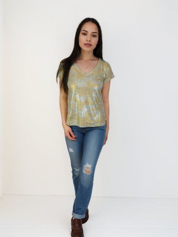 Foil Print V Neck Knit Top Silver Green S/S D28810